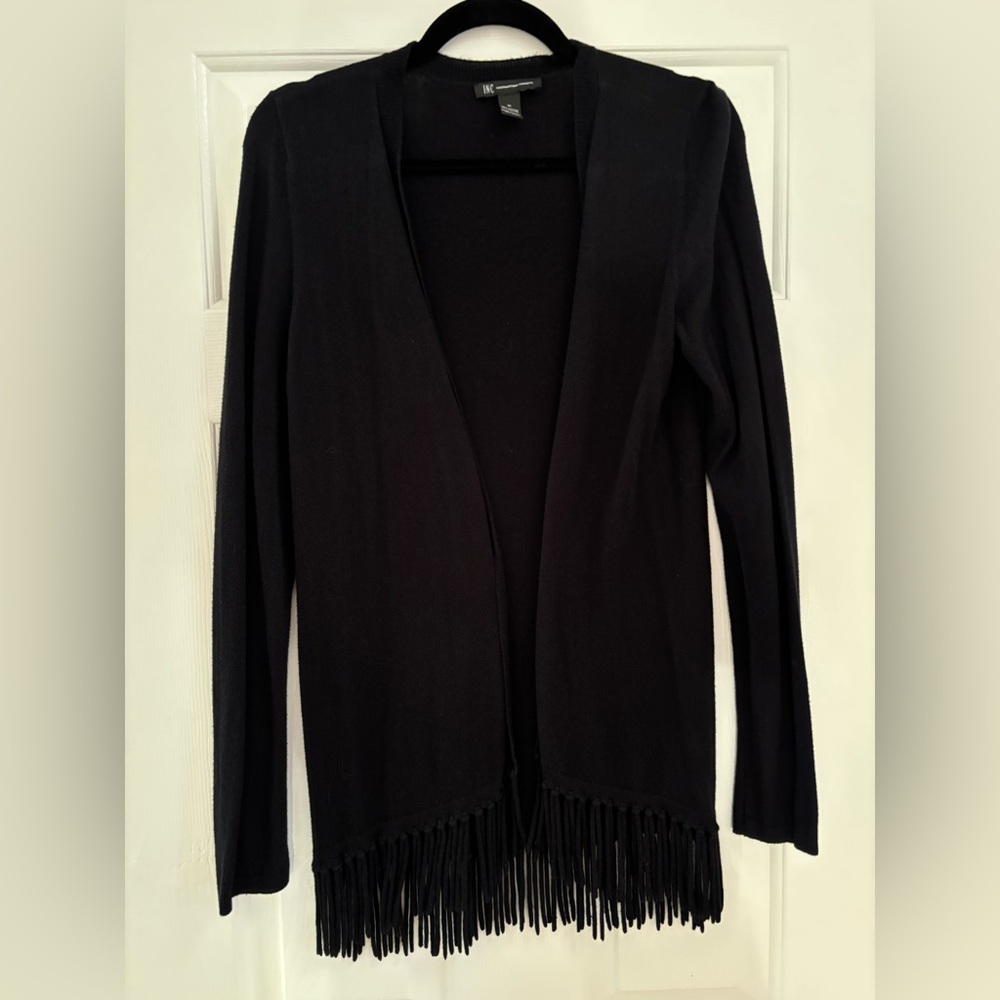 INC Black Fringed Cotton Stretch Open Front Cardigan $90 - Medium
